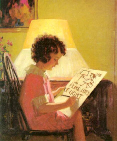 Young Girl Drawing Picture Next To Electric Light