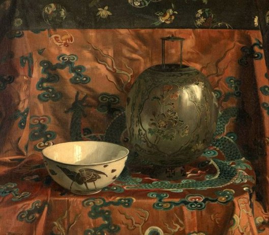 Still Life With A Chinese Enamelled Glass Lantern And A Ceramic Bowl